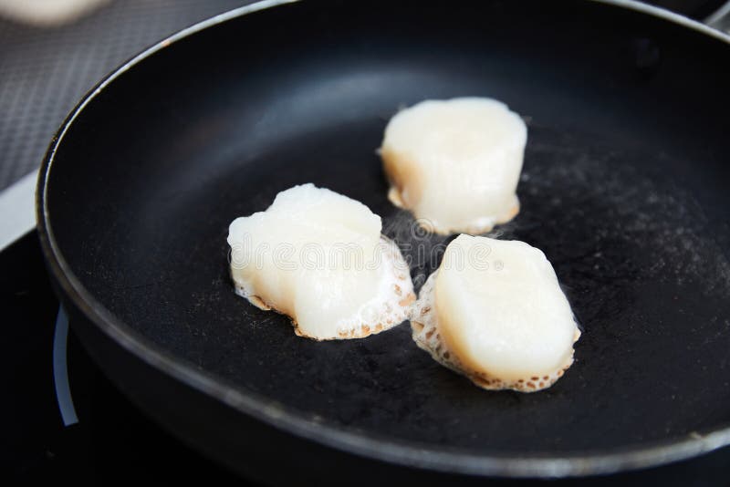 Raw Scallops in a Black Pan, Fried in Oil, Cooking, Seafood Stock Photo Image of health