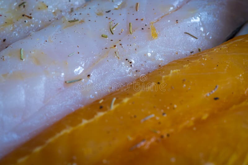 Raw Seasoned Fish Fillets on Baking Tray Closeup Stock Photo Image of