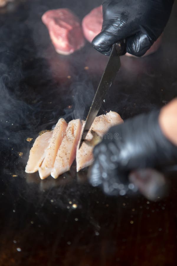 Raw Sliced Chicken Breast on Griddle Stock Image Image of kitchen