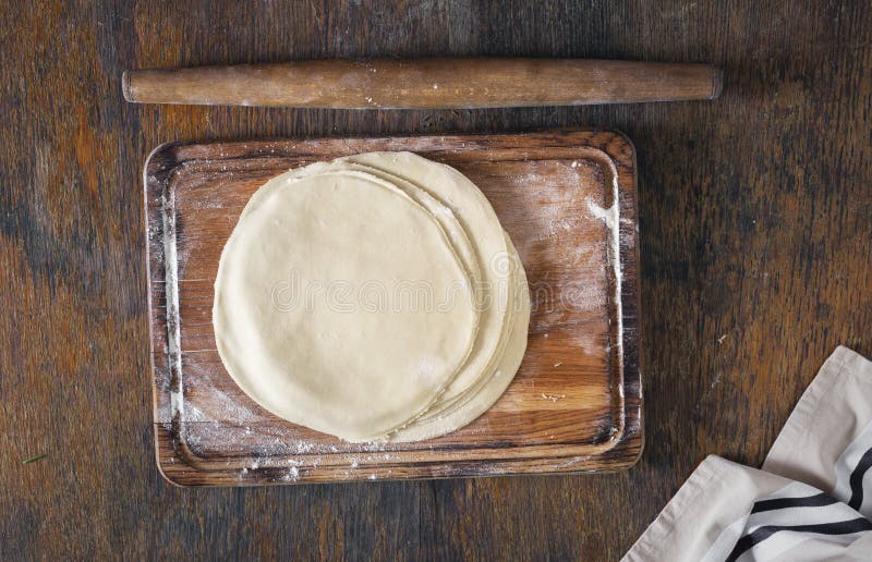 Raw Tortillas on Wooden Board with Rolling Pin Stock Photo Image of