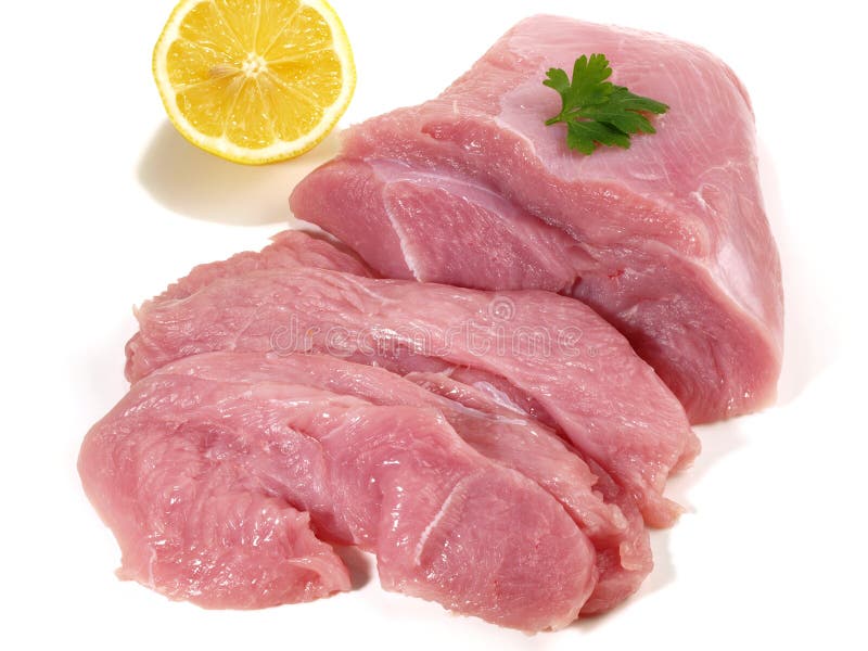 Fine Meat Raw Turkey Breast with Slices on White Background Stock