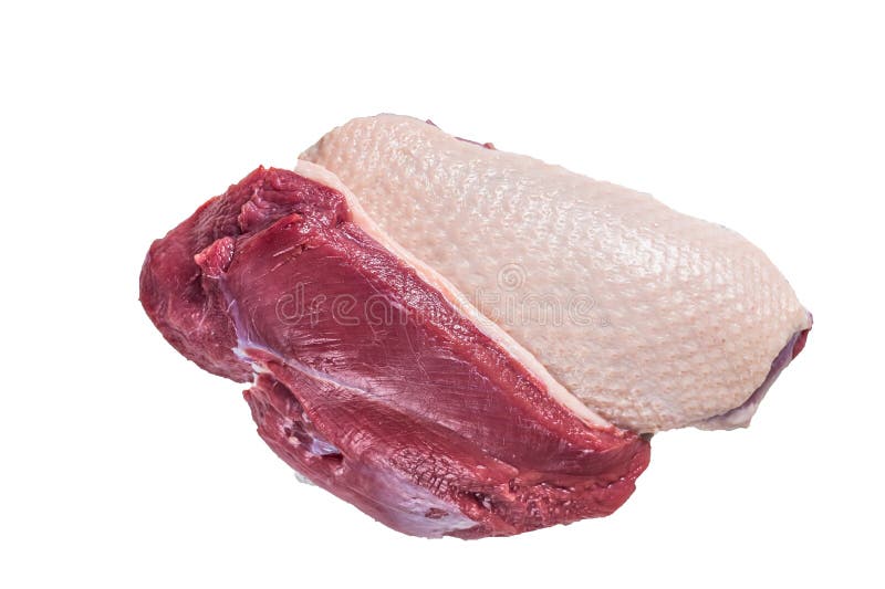 Raw uncooked Duck breast fillet steaks on butcher table. High quality Isolate, white background.