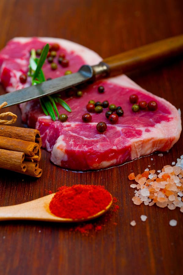 Raw Uncooked Ribeye Beef Steak Butcher Selection Dry Aged Stock Image