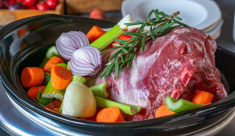 Roast Pork in a Slow Cooker Stock Photo - Image of uncooked, meal ...