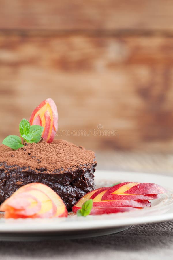 Raw Vegan Avocado Chocolate Mousse with Nectarine Stock Photo Image