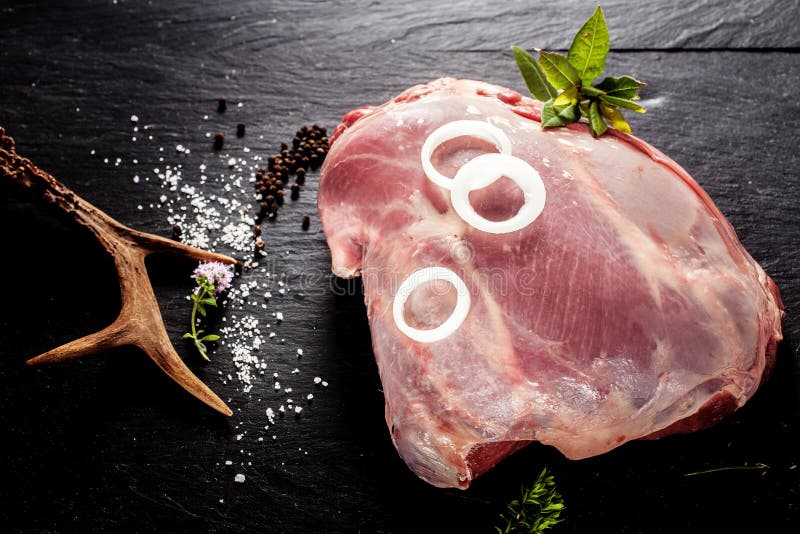 Raw Venison Roast Seasoned with Herbs and Spices