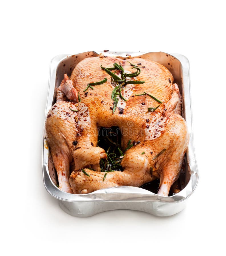 Raw Whole Duck in a Roasting Oventray Isolated on White Stock Image