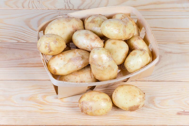 Raw Yellow Young Potatoes with Skin in Small Wooden Basket Stock Image