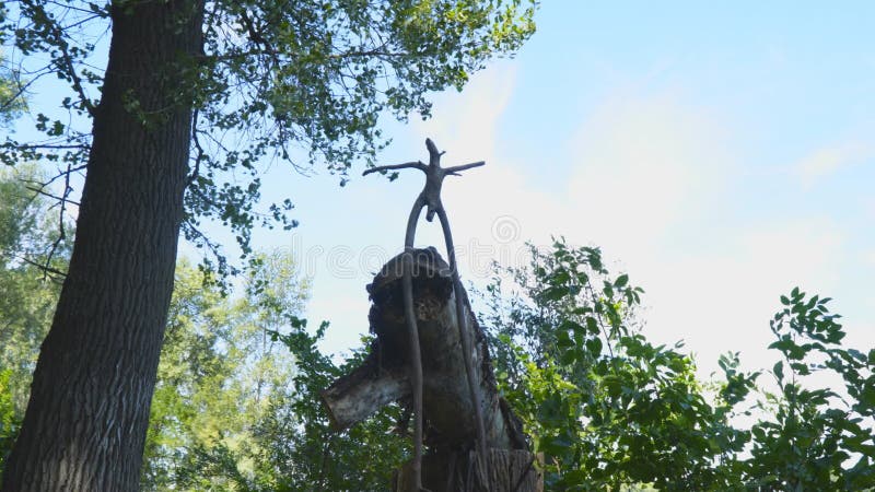 Raya de madera de silueta en forma de ídolo pagano contra el cielo nublado