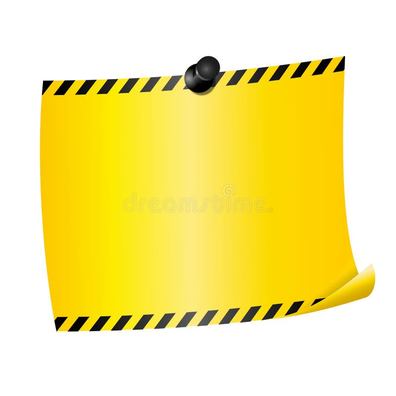 Blank paper sheet fixed by pin. Yellow page with caution stripes at the edges. Isolated on white background.n. Blank paper sheet fixed by pin. Yellow page with caution stripes at the edges. Isolated on white background.n