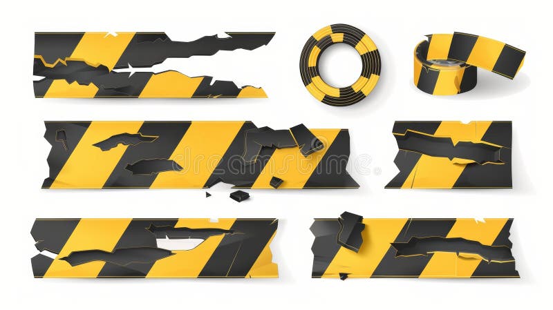 Black and yellow stripes on sticky warning ribbon. Modern realistic set of 3D ripped sticky warning ribbon for police barrier, construction band, warning label.. AI generated. Black and yellow stripes on sticky warning ribbon. Modern realistic set of 3D ripped sticky warning ribbon for police barrier, construction band, warning label.. AI generated