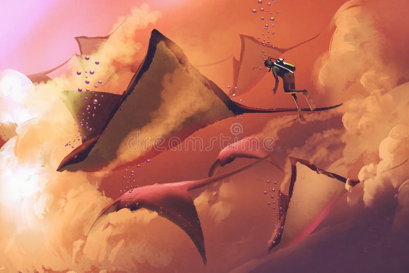 Rayons de plongeur et de manta volant dans le ciel nuageux illustration libre de droits Rayons de plongeur et de manta volant dans le ciel nuageux illustration libre de droits