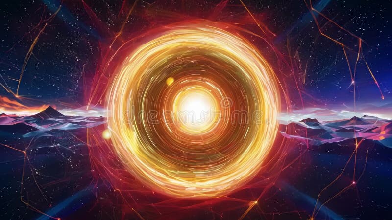 Rayons laser jaune et rouge se croisent et fusionnent créant un portail intergalactique étonnant. illustration libre de droits