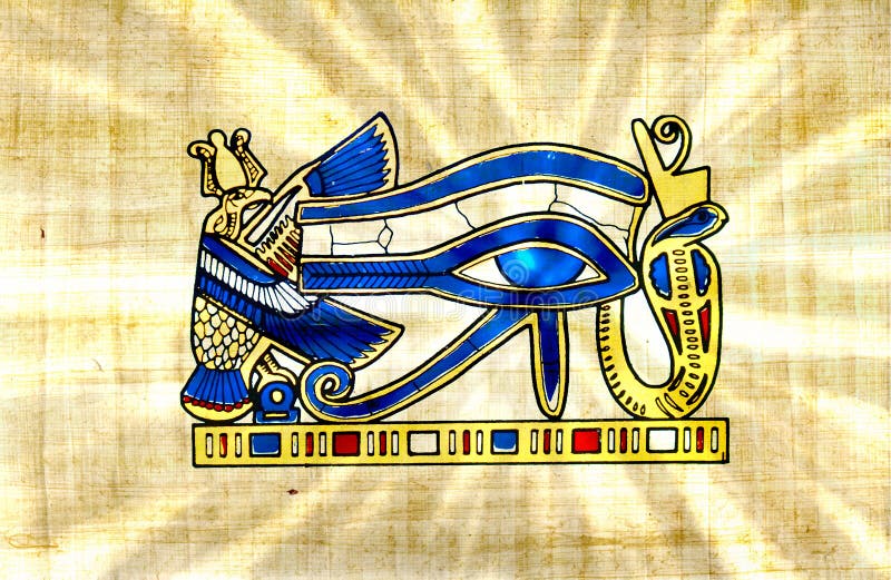 Rays guld- tappning för det Horus ögat på papyruset med romsolen