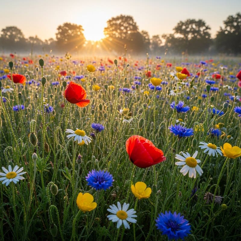 And rays of sunlight pierce through a distant line of trees, casting a warm vector illustration