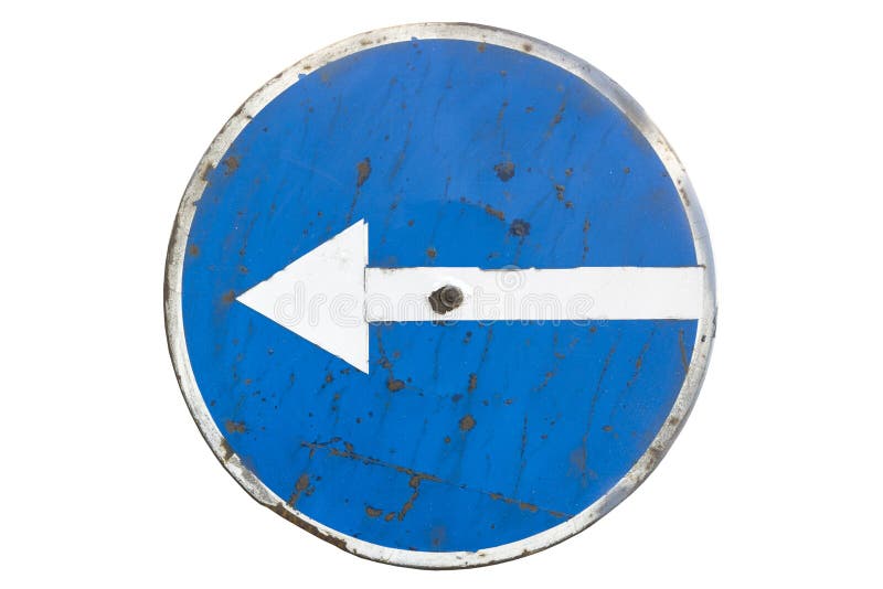Rayé autour du tour bleu de ` de panneau routier a laissé le ` d'isolement sur le blanc photographie stock libre de droits Rayé autour du tour bleu de ` de panneau routier a laissé le ` d'isolement sur le blanc photographie stock libre de droits