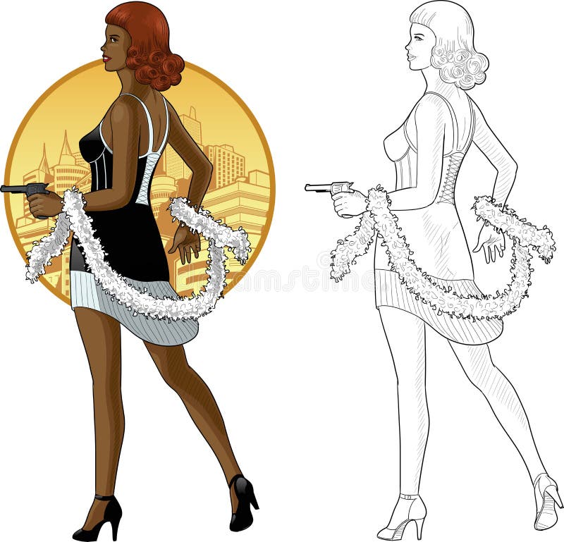Raza mixta retra de la muchacha en negro con un arma stock de ilustración Raza mixta retra de la muchacha en negro con un arma stock de ilustración