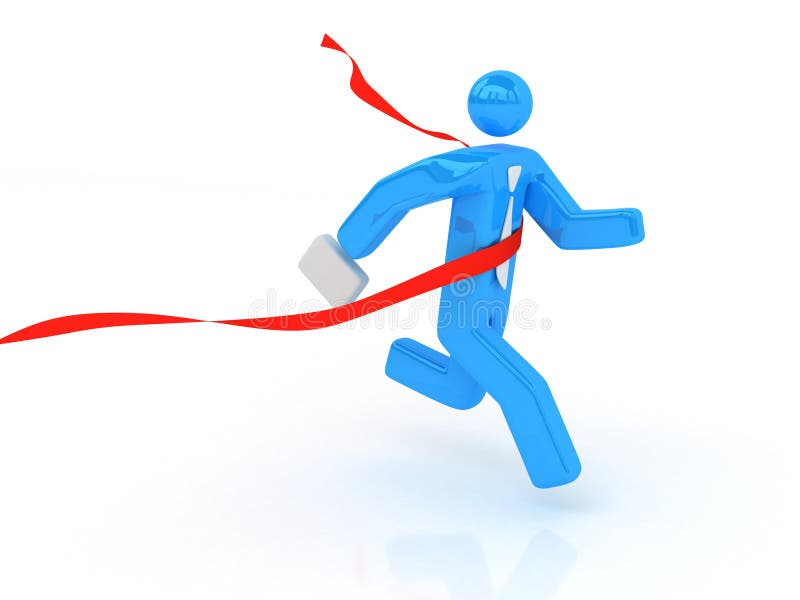 Three dimensional illustration of businessman figure running through red finishing tape with briefcase, isolated on white background. Three dimensional illustration of businessman figure running through red finishing tape with briefcase, isolated on white background.