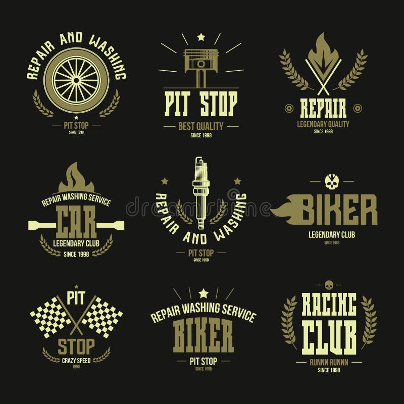 Raças de carro e crachás e logotipo do serviço ilustração royalty free Raças de carro e crachás e logotipo do serviço ilustração royalty free