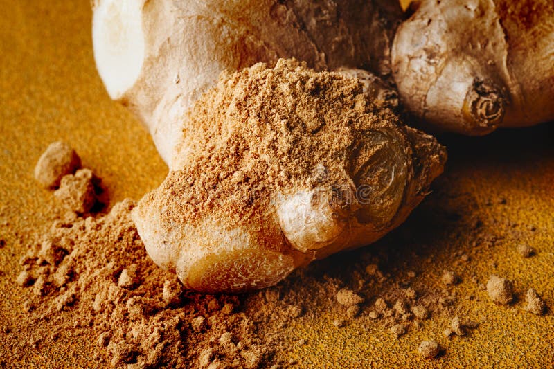 Raíz de jengibre descansando sobre jengibre molido fotos de archivo