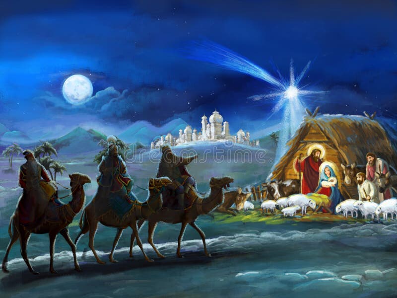 Re religiosi dell'illustrazione tre - e famiglia santa - scena tradizionale royalty illustrazione gratis Re religiosi dell'illustrazione tre - e famiglia santa - scena tradizionale royalty illustrazione gratis
