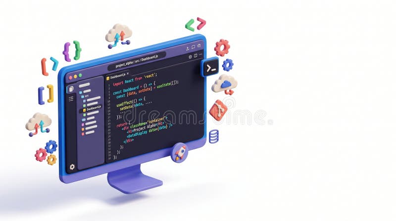 Современный компьютерный экран с кодом React JavaScript для панели управления проектом — создано ИИ бесплатная иллюстрация
