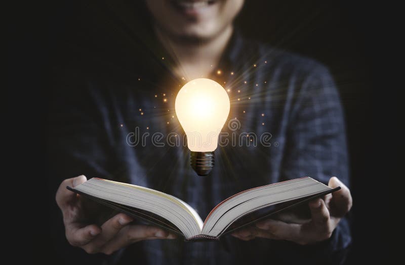Reader Open Book with Floating Glowing Light Bulb for Reading Education