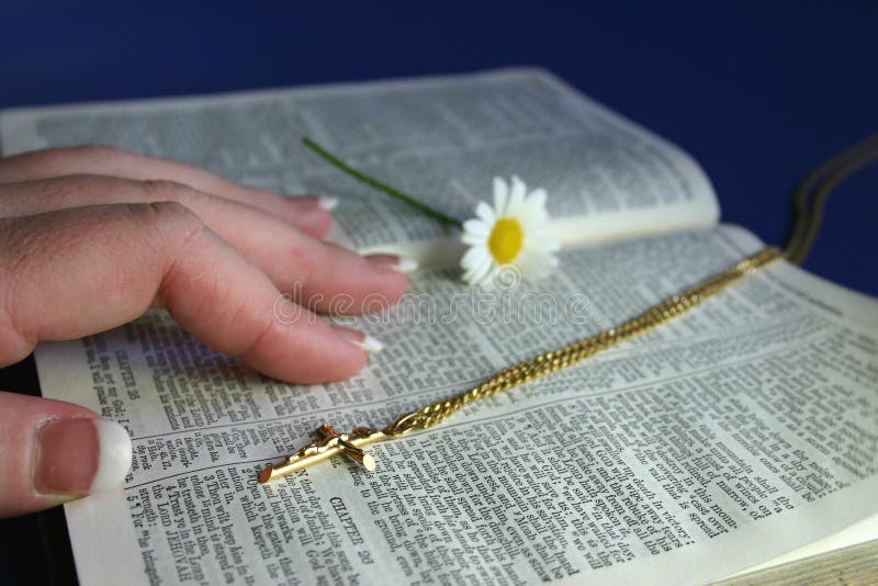 Hand touching pages of open bible with gold crucifix and flower. Hand touching pages of open bible with gold crucifix and flower