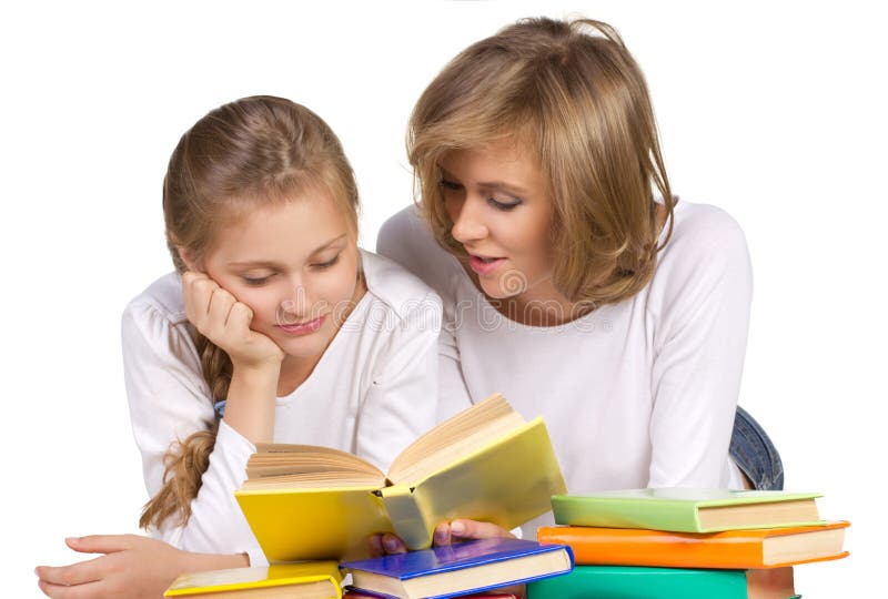 Mother and daughter reading books isolated on white. Boring kid white stock images, royalty-free photos and pictures