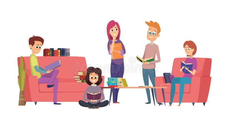 Reading club. Book readers, students or library visitors. Teenagers with books vector illustration. Reader female student, education in library stock illustration