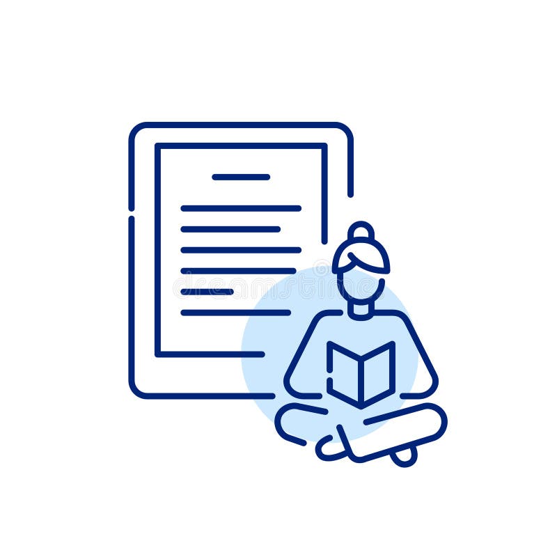 Reading e-books from a reader device. Electronic library access from any place. Girl sitting comfortably, legs crossed. Pixel perfect, editable stroke icon stock illustration Reading e-books from a reader device. Electronic library access from any place. Girl sitting comfortably, legs crossed. Pixel perfect, editable stroke icon stock illustration