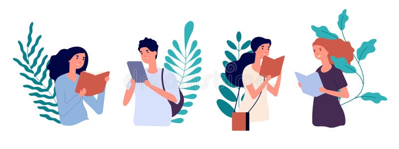 Reading people. Men women with books, students learning. Vector teaching concept royalty free illustration