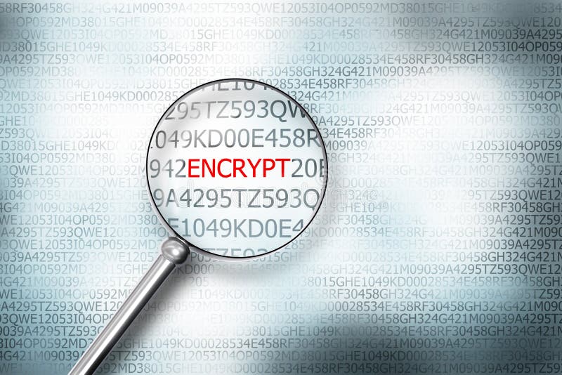 Reading the word encrypt on computer screen with a magnifying gl vector illustration