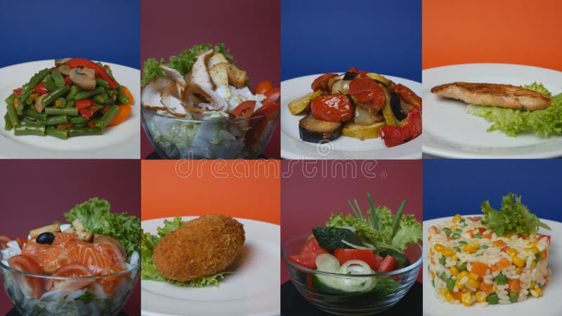 Ready-made food in rotating plates on colored backgrounds. Ready meals, cafe bistro. collage, multiscreen. Hot cafe video