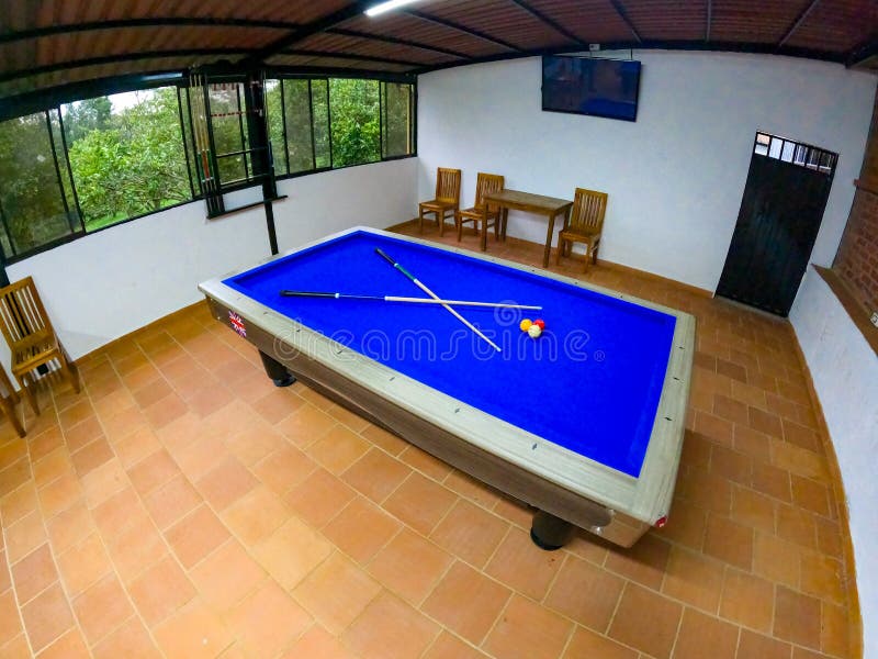 Ready Pool Table with Balls on Top and Sticks Stock Image Image of