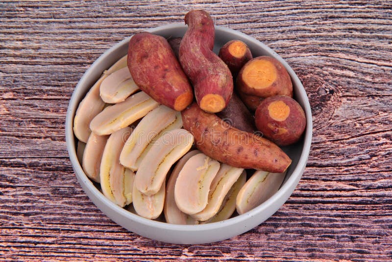 Ready served boiled sweet potato and banana on korean style dish