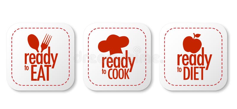 Ready to eat, diet and cook stickers vector illustration Ready to eat, diet and cook stickers vector illustration
