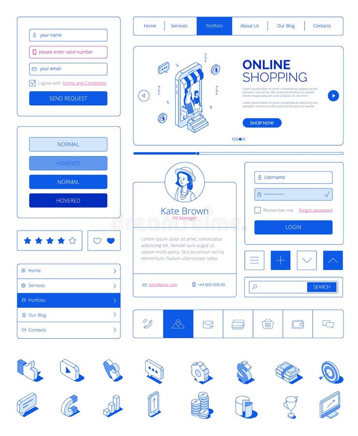 Ready to use user interface,UI layout kit with modern isometric people characters.Responsive website,landing page royalty free illustration Ready to use user interface,UI layout kit with modern isometric people characters.Responsive website,landing page royalty free illustration