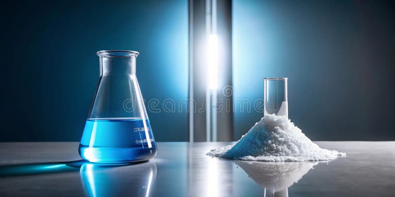 Reagenzglas und Reagenzglas mit blauer Flüssigkeit und weißem Pulver auf einer reflektierenden Oberfläche. Generative AI stock abbildung