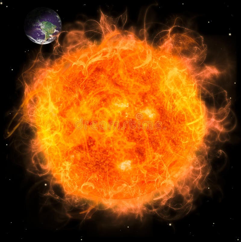 Real Earth in Space. Red Fire Sun. Stock Illustration