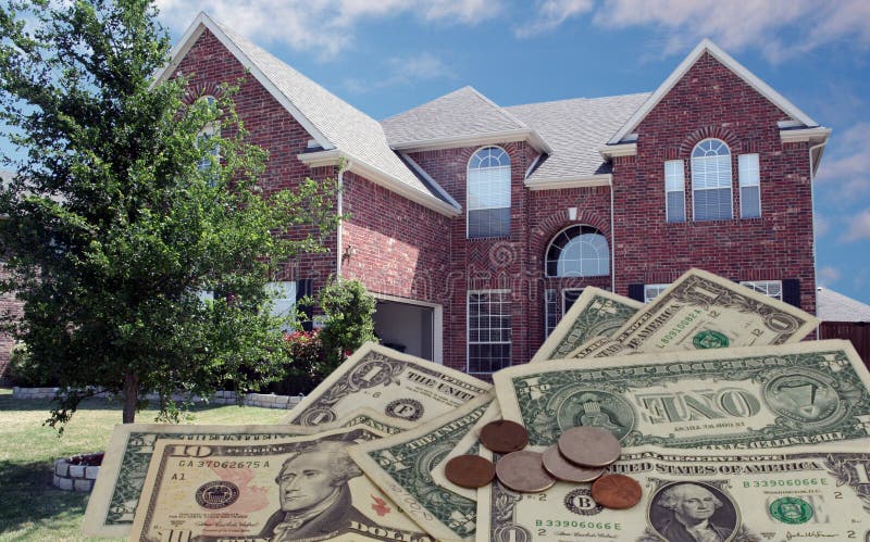 Typický americký dom s doláru poukážky v popredí.