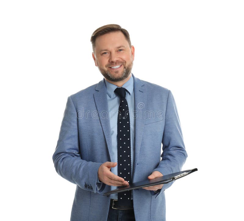 Real estate agent with clipboard on white
