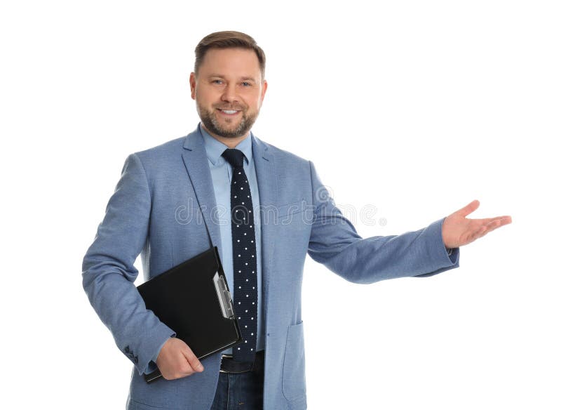 Real estate agent with clipboard on white