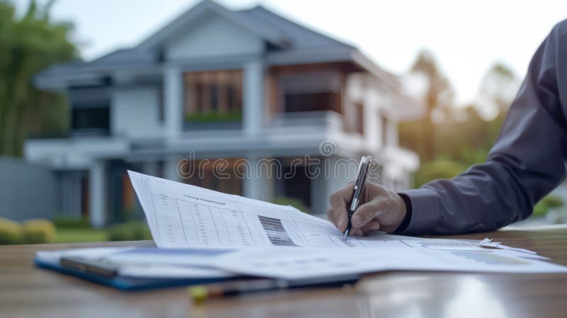 Real estate analyst reviewing a detailed royalty free illustration