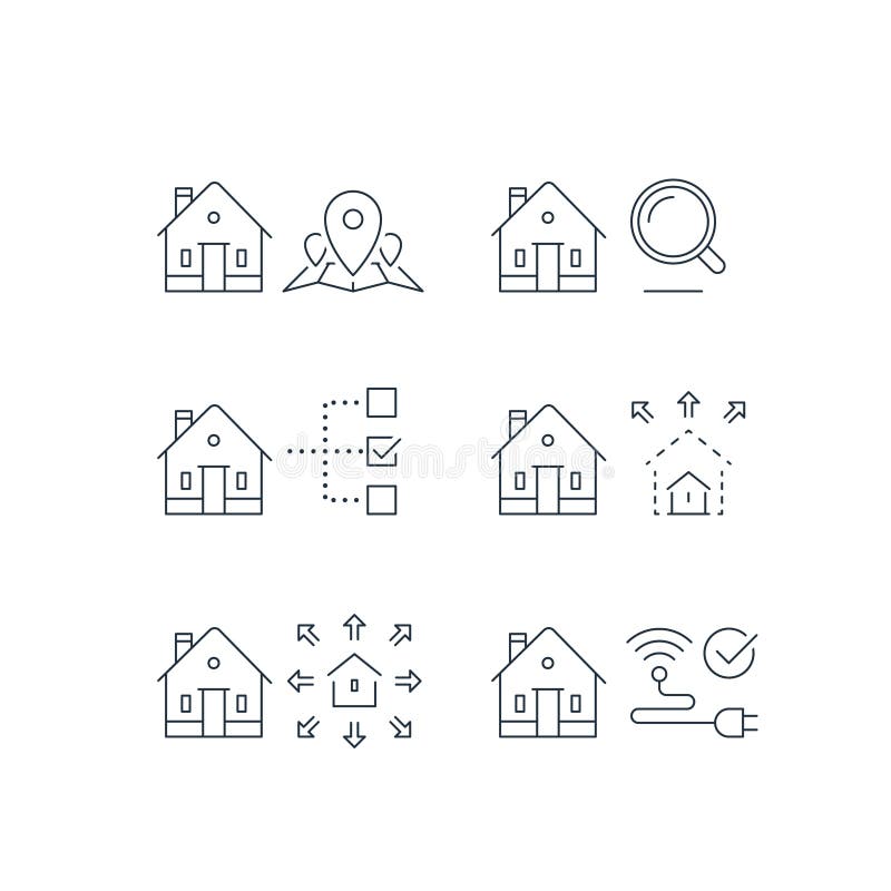 Search criteria, real estate services, location mark on map, size parameter, smart home, wireless internet connection, stroke icon stock illustration Search criteria, real estate services, location mark on map, size parameter, smart home, wireless internet connection, stroke icon stock illustration