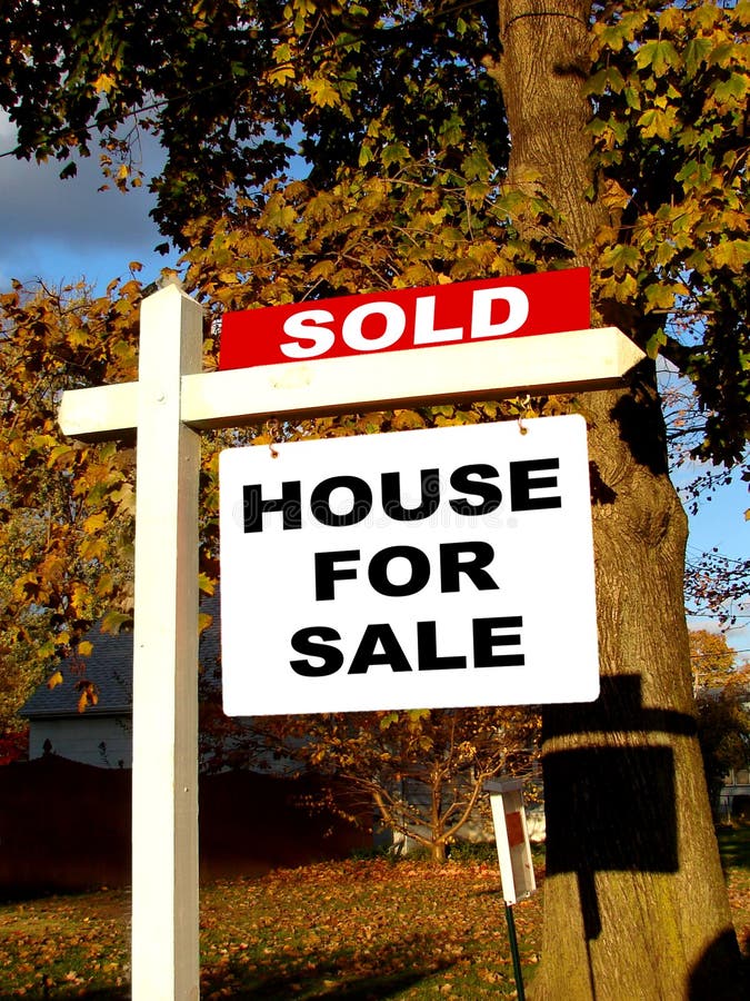 Real Estate Sold And House For Sale Sign On Post Stock Real Estate Sold And House For Sale Sign On Post Stock