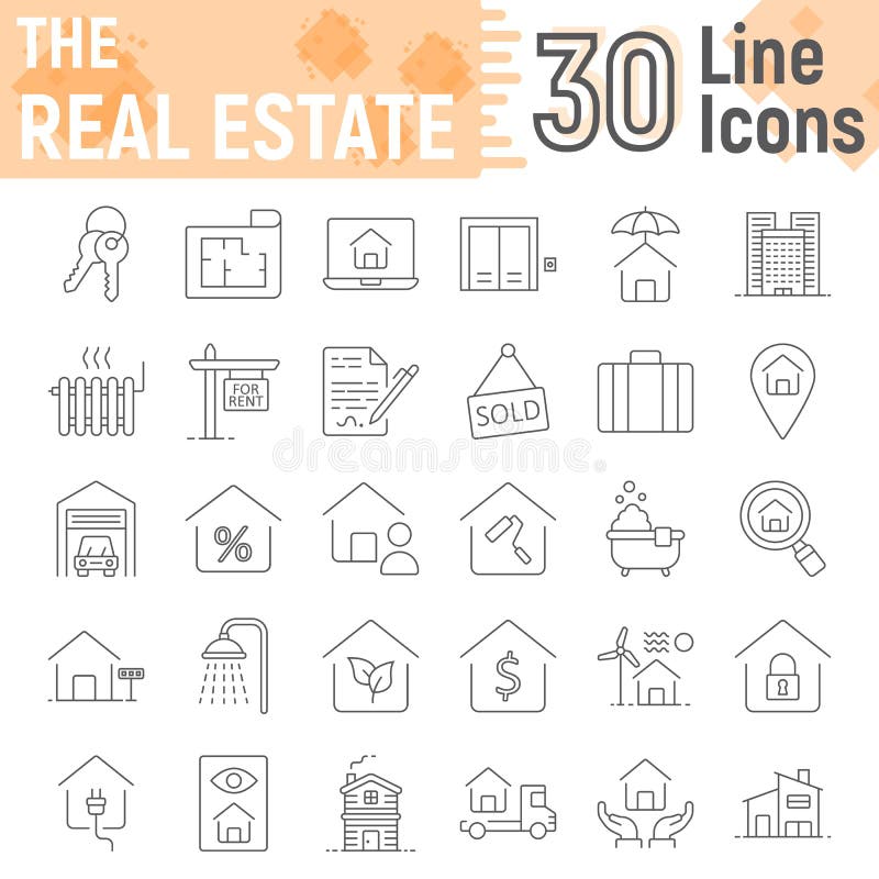 Real Estate tunn linje symbolsuppsättning, hem- tecken royaltyfri illustrationer Real Estate tunn linje symbolsuppsättning, hem- tecken royaltyfri illustrationer