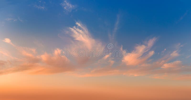 Gentle sunrise sundown sky and colorful light clouds, panoramic