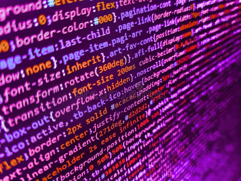 Real Html code developing screen. Close up of computer web page code inside of html file. Writing programming code on laptop. Hi- stock photography