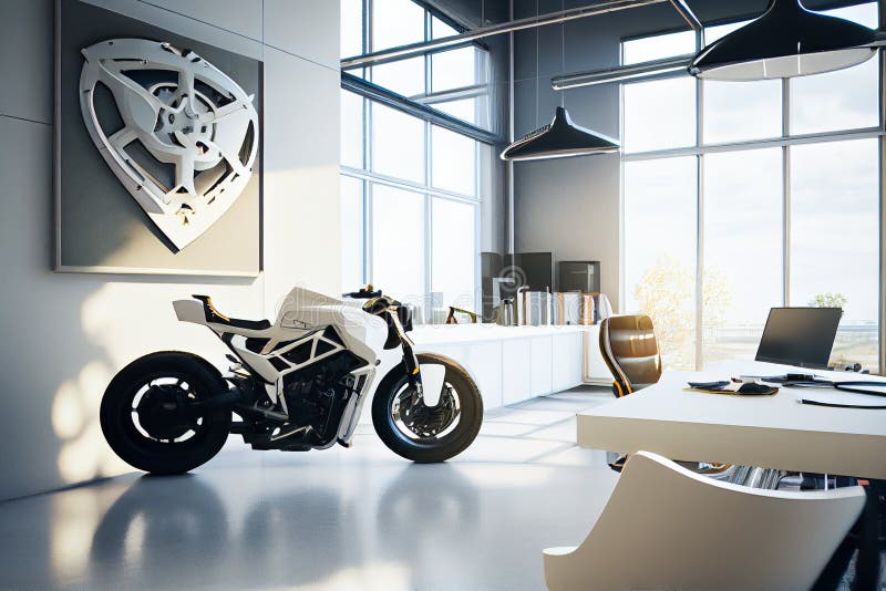 A Real Motorcycle in the Interior of a Modern Bright Office. Original